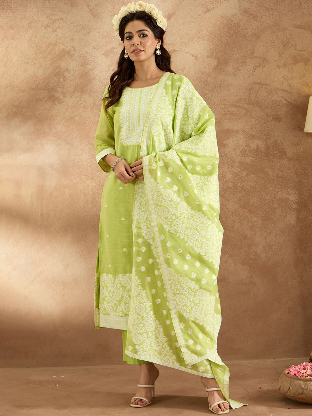 

Indo Era Women Woven Design Ethnic Motifs Regular Kurta with Trousers & With Dupatta, Green