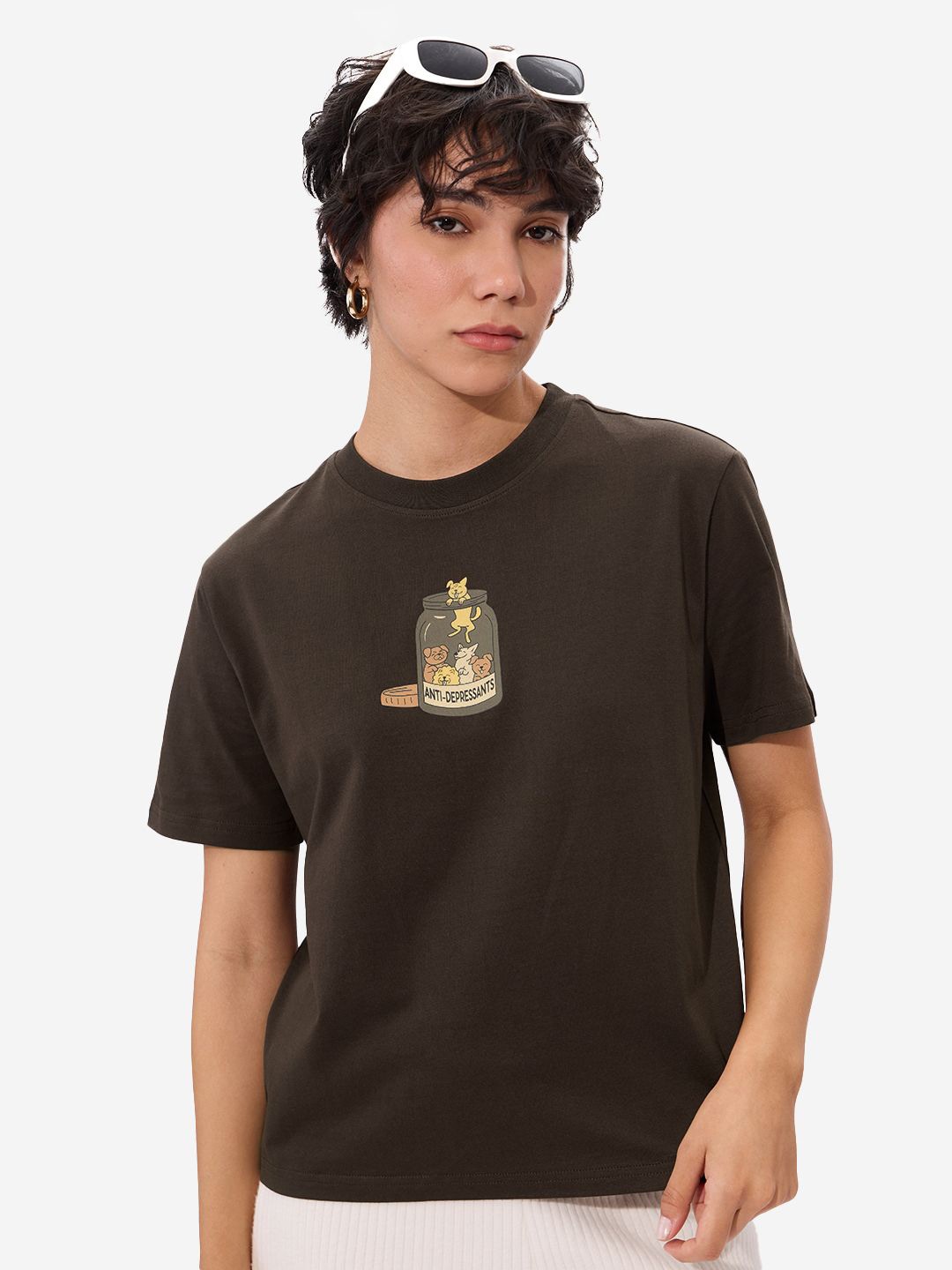 

The Souled Store Women Graphic Printed Round Neck Cotton Relaxed Fit T-shirt, Brown