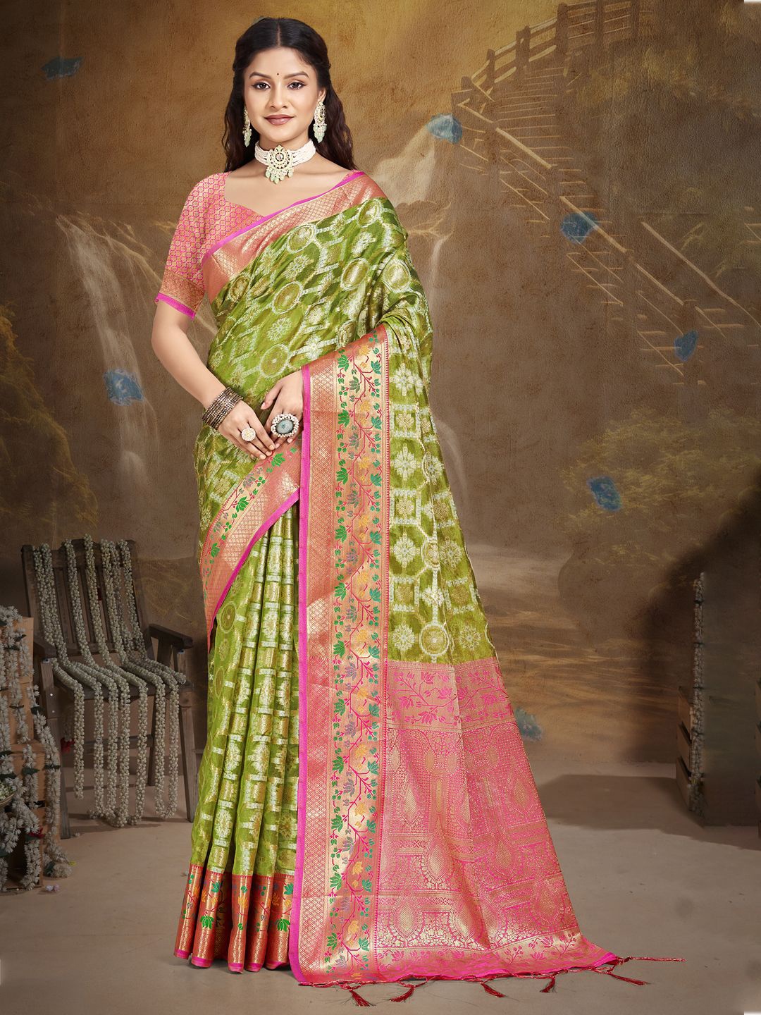 

SANGAM PRINTS Woven Design Zari Tussar Saree, Olive