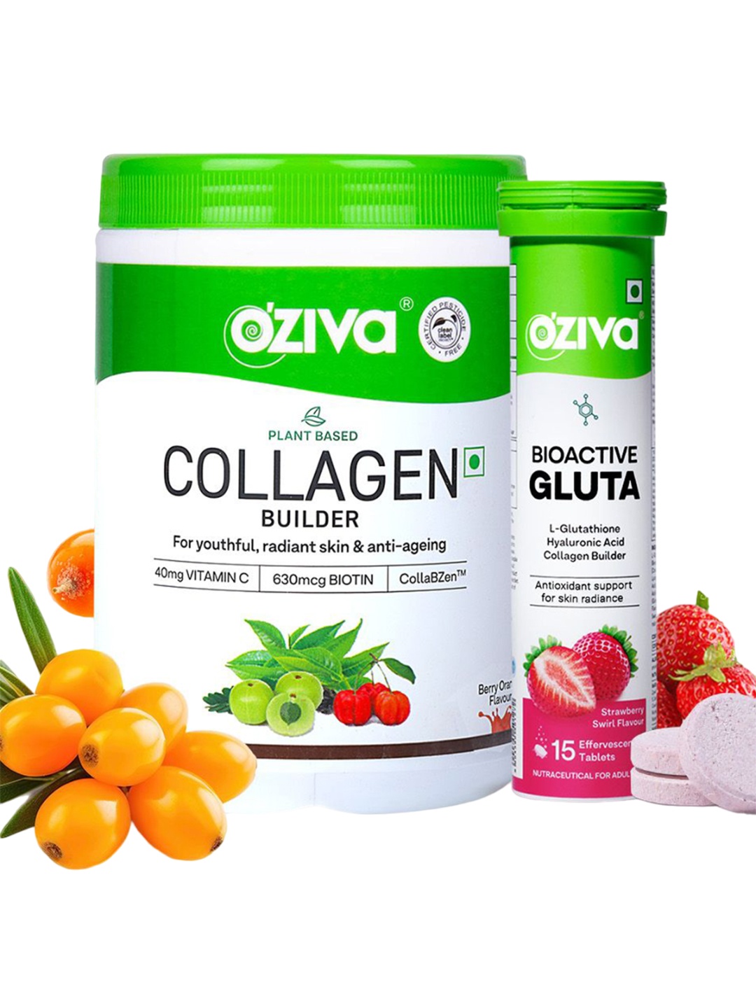 

OZiva Collagen Builder 200 g - Berry Orange Flavor & Bioactive Gluta Fizzy - 15 N Tablets, Green