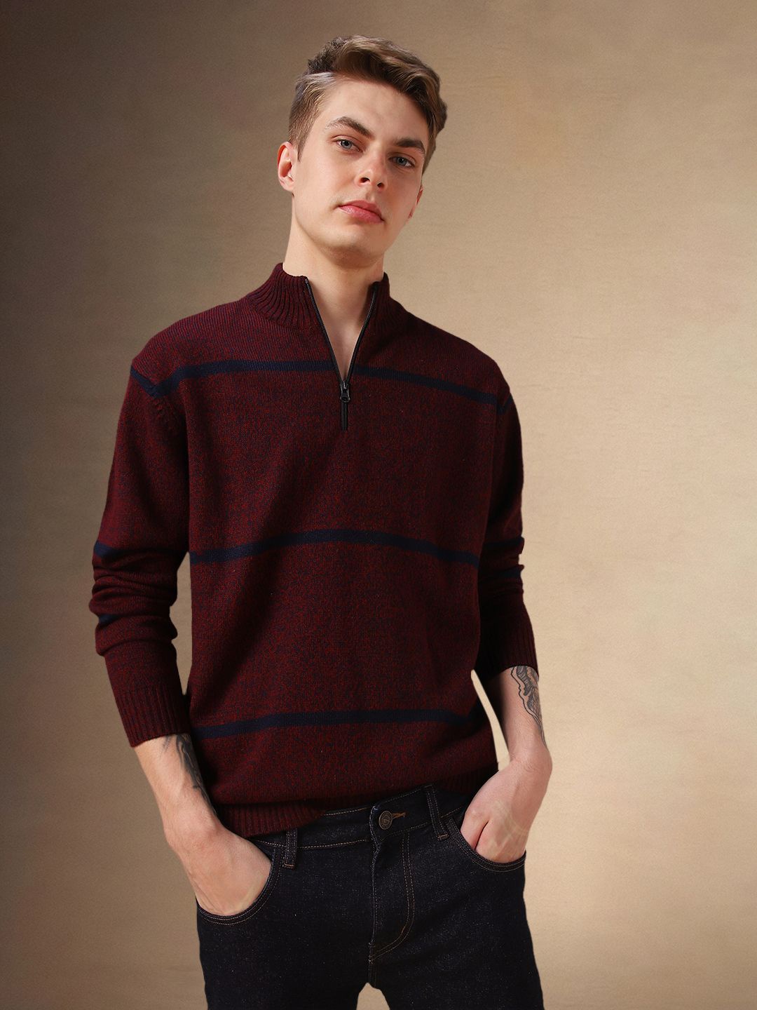 

Dennis Lingo Men Striped Mock neck Pullover, Maroon