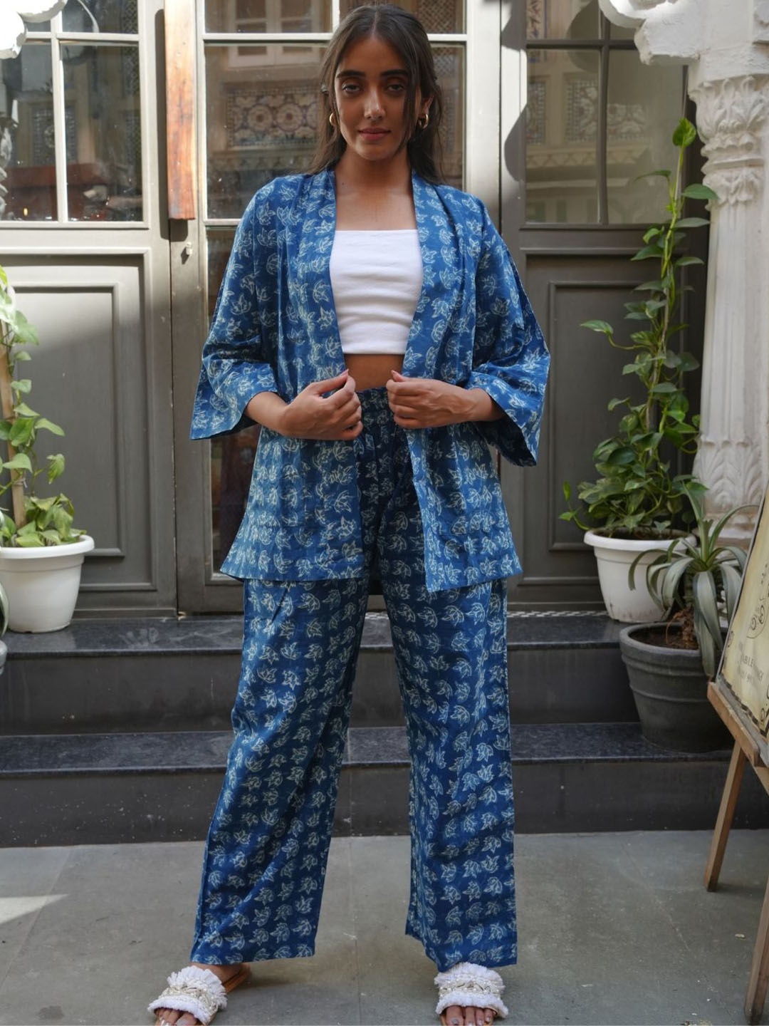 

SILAYIBAZI Printed Pure Cotton Shrug & Trousers Co-Ords, Navy blue