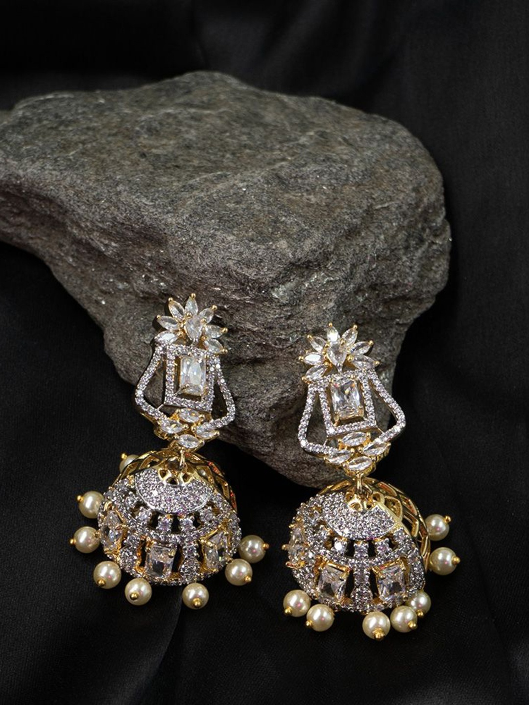 

SHARLEEZ 18K Gold-Plated American Diamond & Pearls Dome Shaped Jhumkas, White