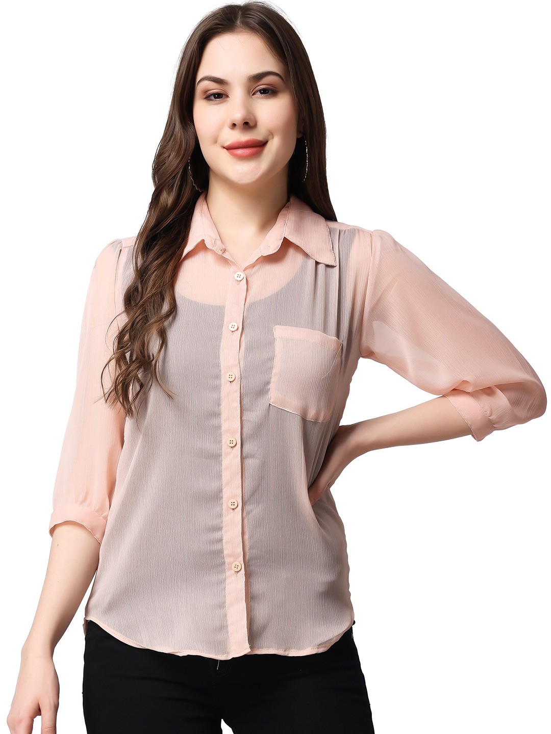 

MINOS Women Classic Spread Collar Solid Chiffon Casual Shirt, Beige