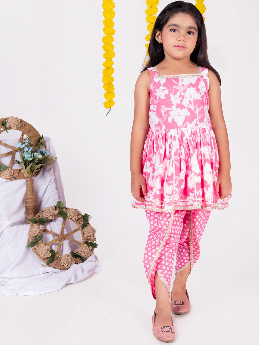 

AATYA KIIDS Girls Floral Printed Regular Pure Cotton Kurti with Dhoti Pants, Pink