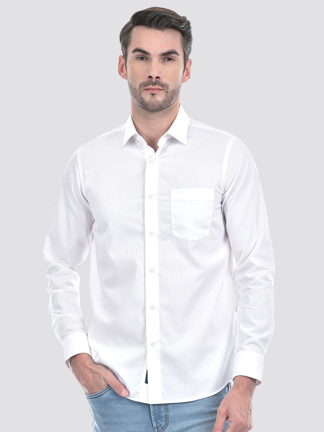 

Numero Uno Men Spread Collar Solid Cotton Slim Fit Casual Shirt, White