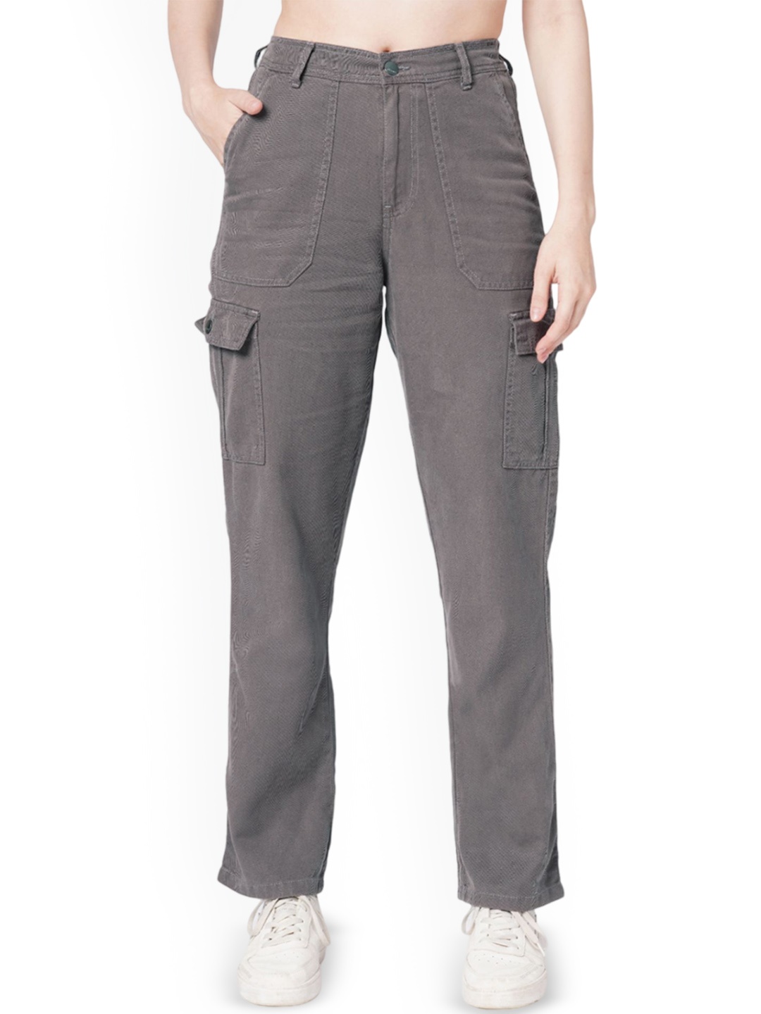 

Kraus Jeans Women Relaxed Loose Fit High-Rise Cotton Cargos Trousers, Grey