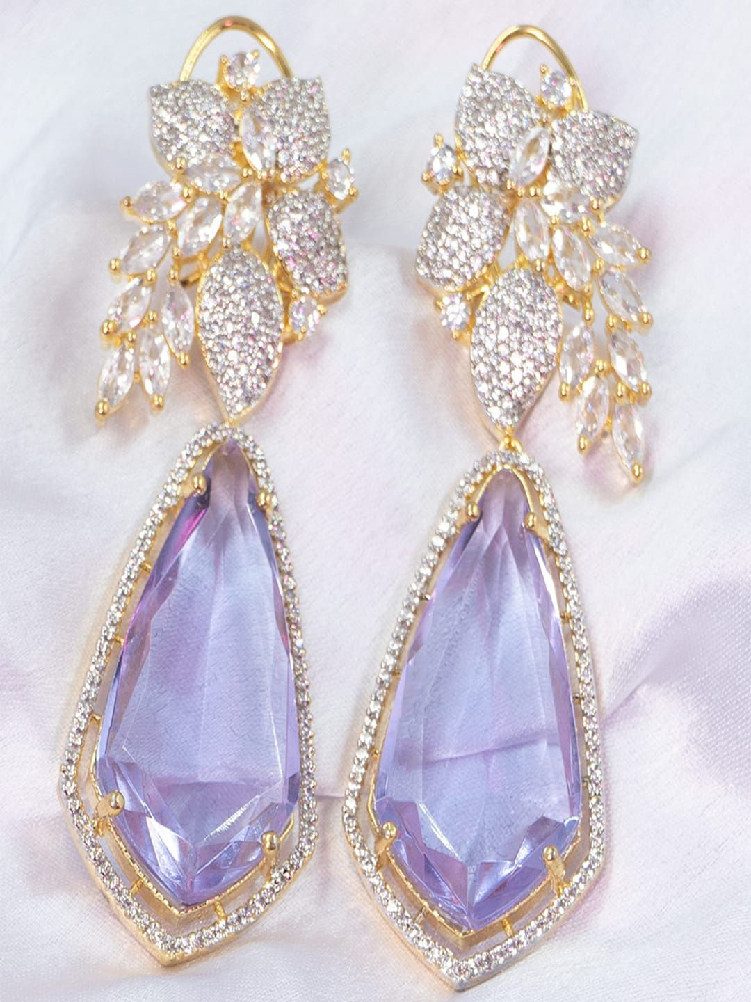 

SHARLEEZ Gold Plated American Diamond Geometric Drop Earrings, Purple