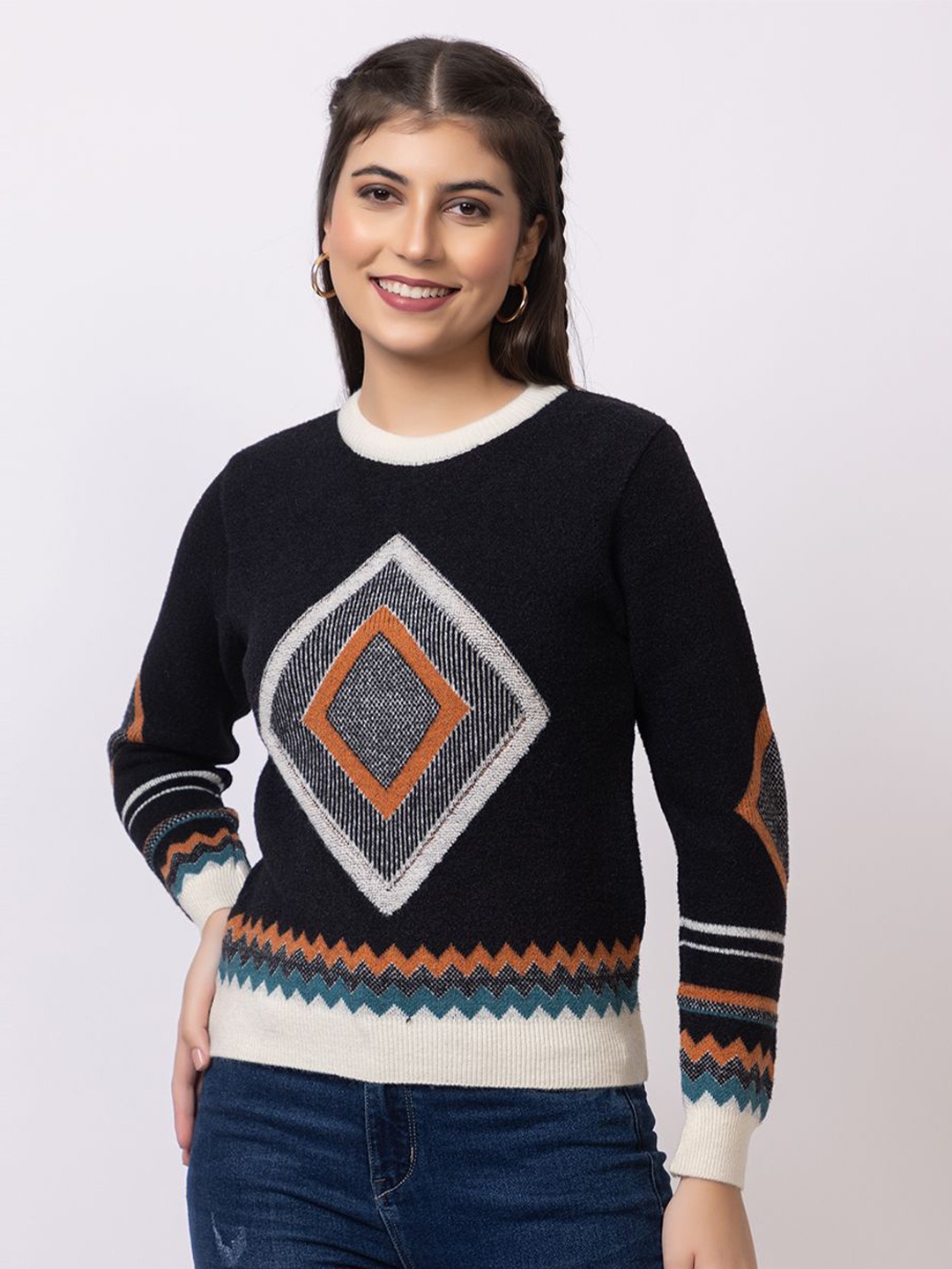 

GFO Women Embroidered Geometric Round Neck Sweaters, Black