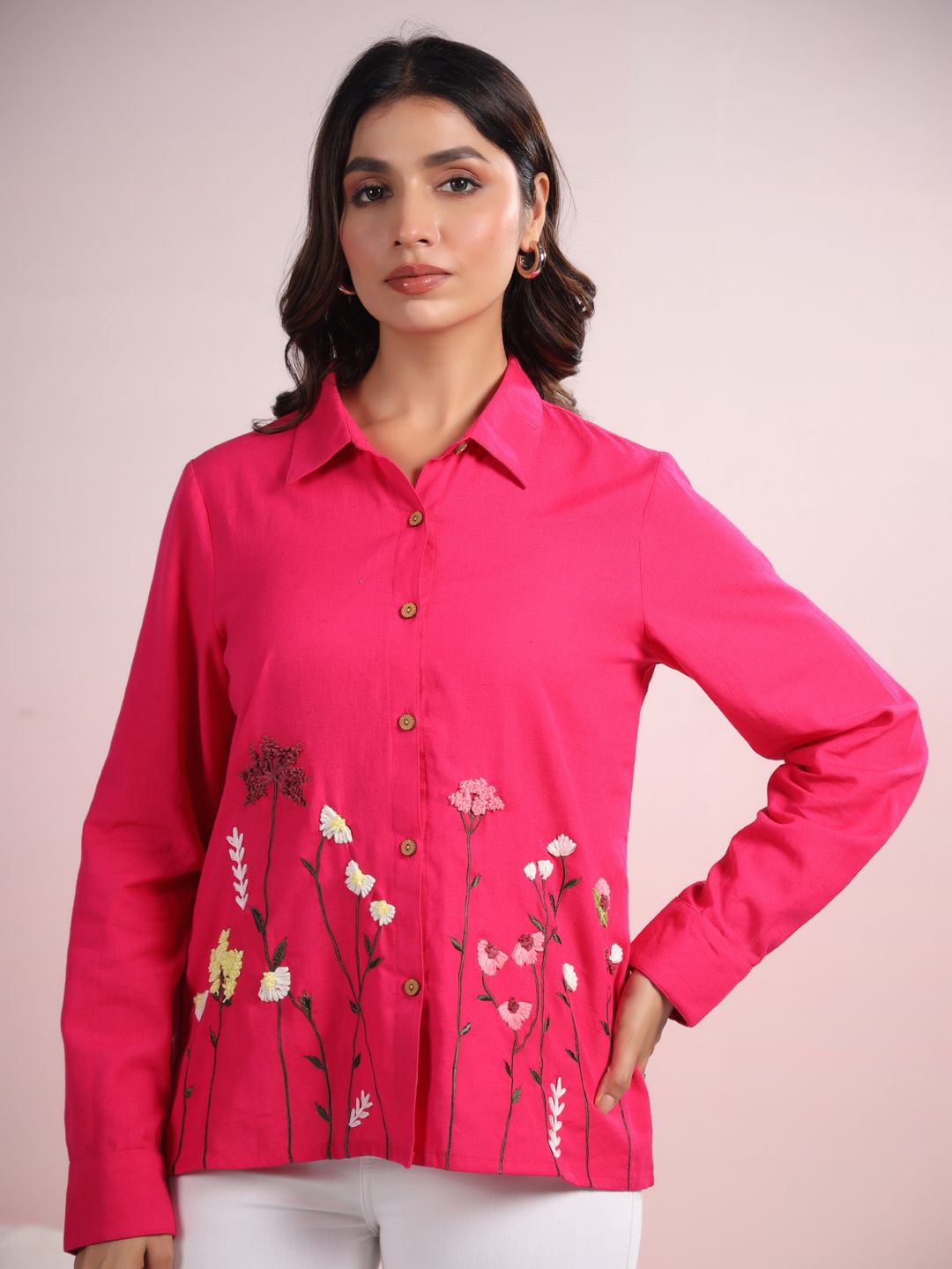 

LYFJ Women Comfort Spread Collar Floral Embroidered Cotton Loose Fit Casual Shirt, Pink