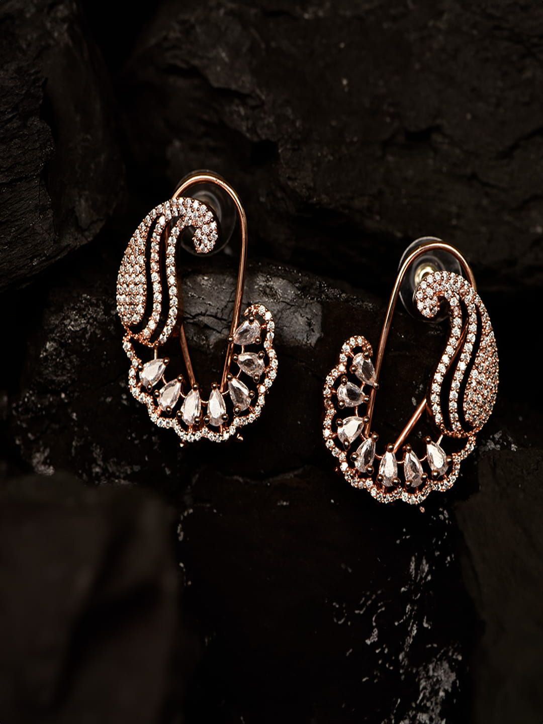

SHARLEEZ Rhodium-Plated Circular American Diamond Studded Studs, Rose gold