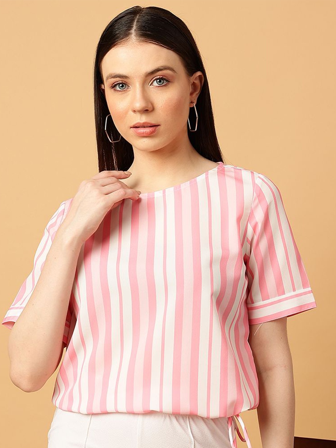 

MINT STREET Women Vertical Striped Round Neck Top, Pink