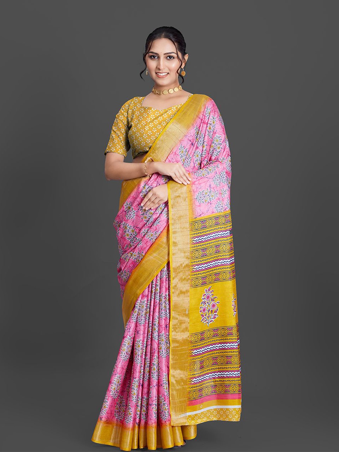 

NIRMAL CREATION Floral Printed Zari Saree, Yellow