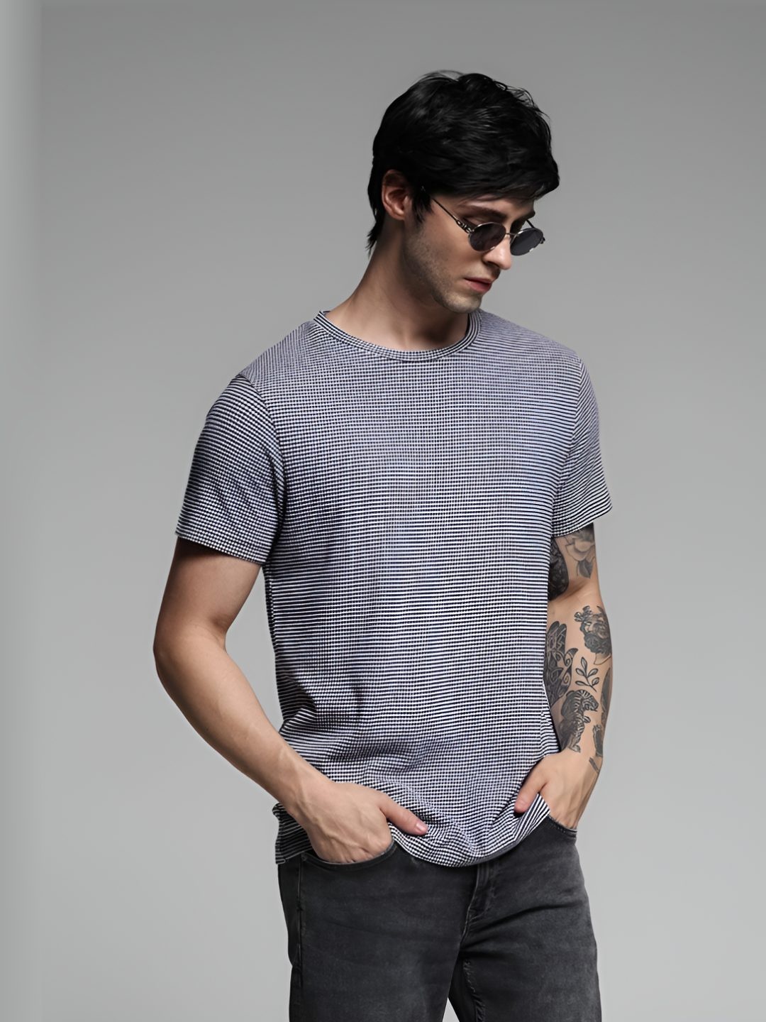 

Jack & Jones Men Striped Round Neck Cotton T-shirt, Grey