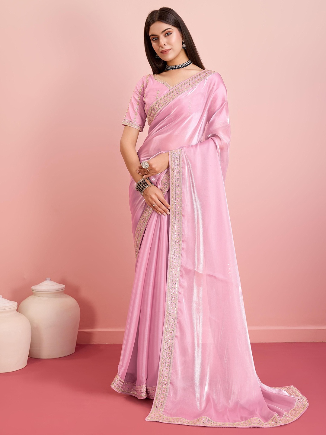 

VAIRAGEE Embroidered Ready to Wear Saree, Pink
