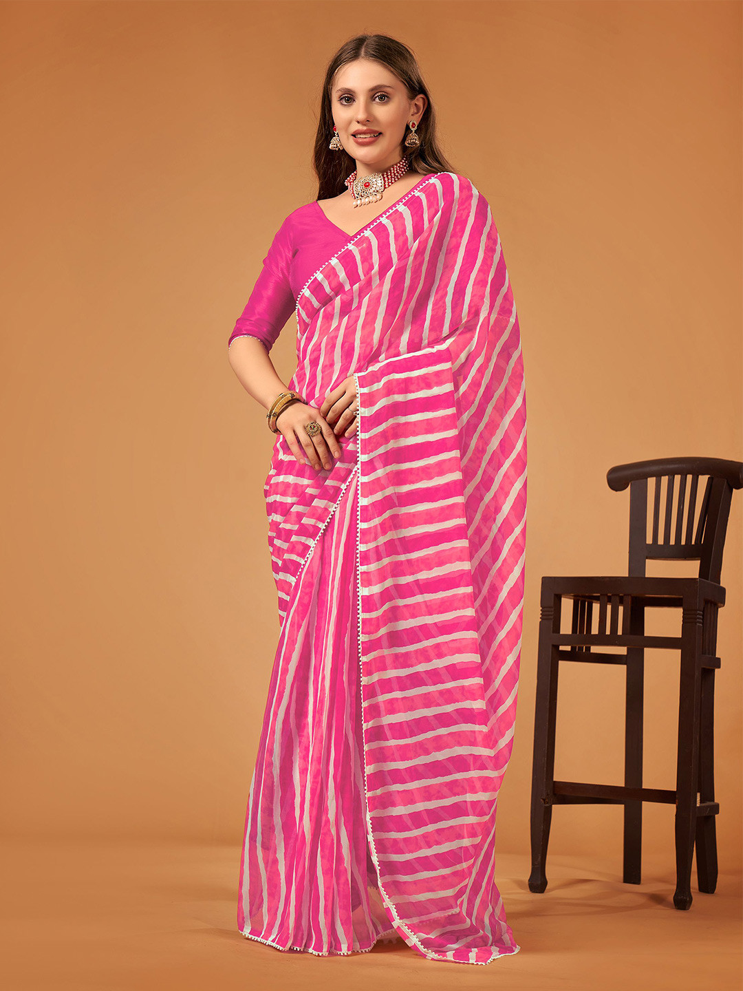 

Flip The Style Printed Embroidered Pure Georgette Leheriya Saree, Pink