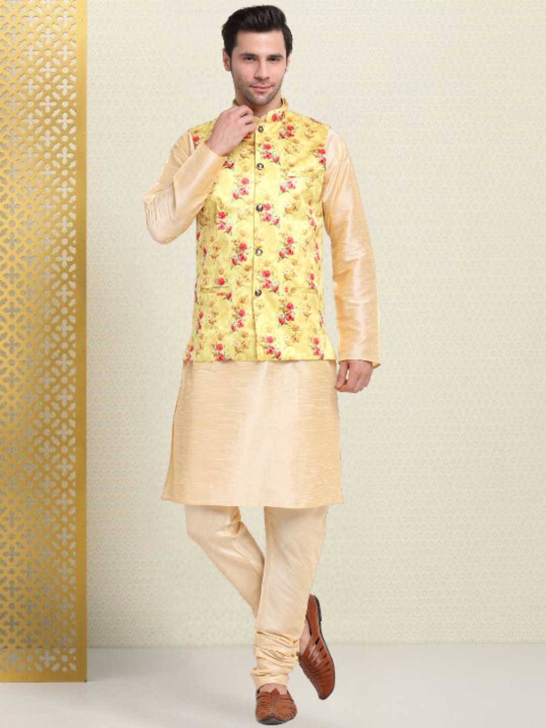 

KRAFT INDIA Men Regular Kurta & Churidar with Nehru Jacket Set, Beige