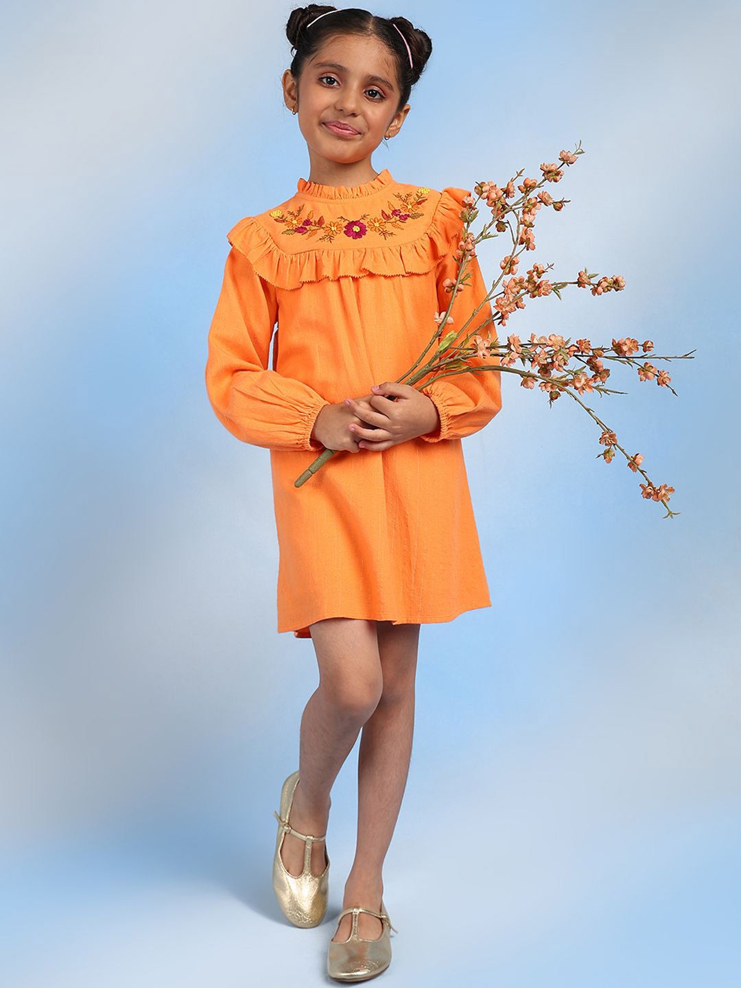 

The Tribe Kids Girls Embroidered Solid Cotton A-Line Above Knee Dress, Orange