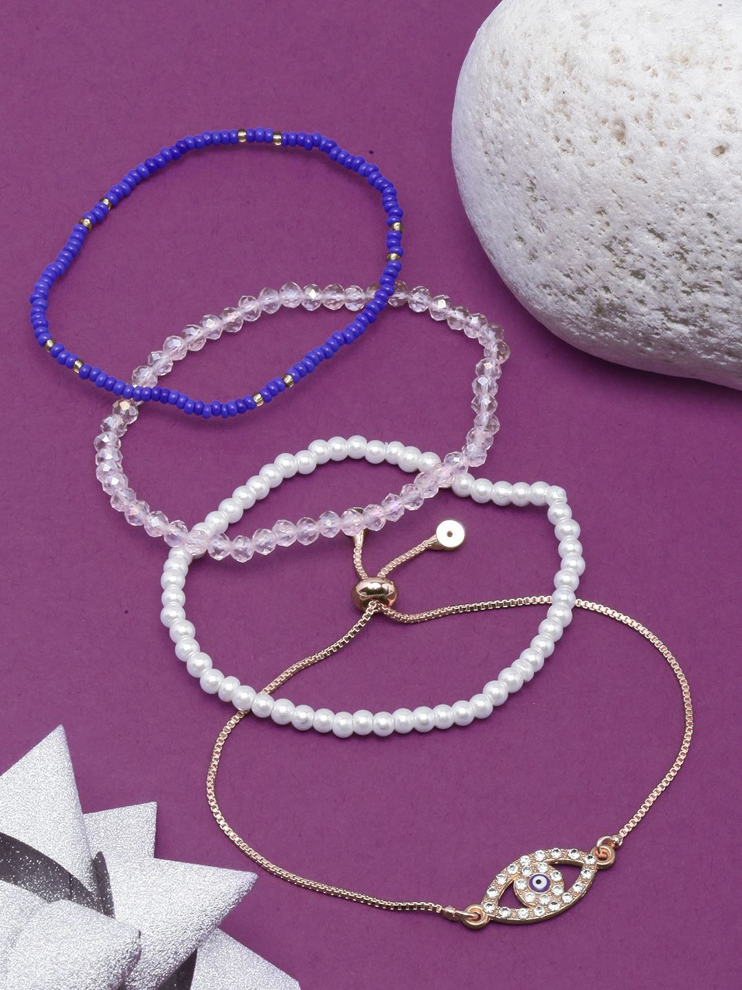 

KPOP Set Of 4 Rose Gold-Plated Stone Studded Charm Bracelets