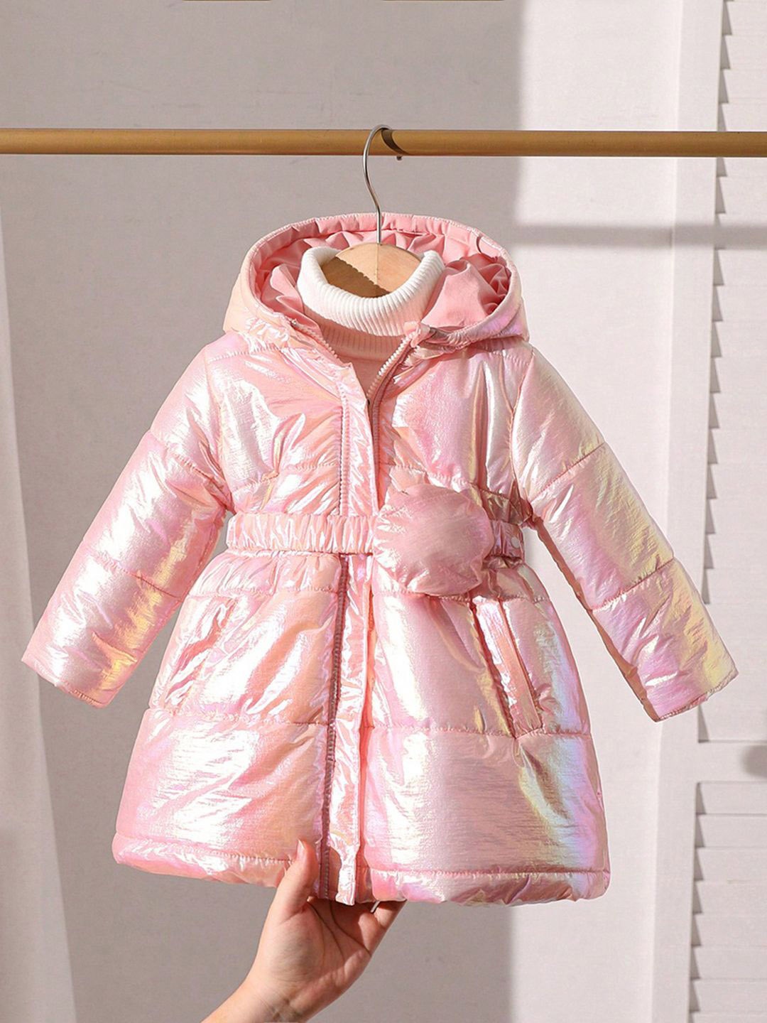 

INCLUD Girls Longline Hooded Puffer Jacket, Pink