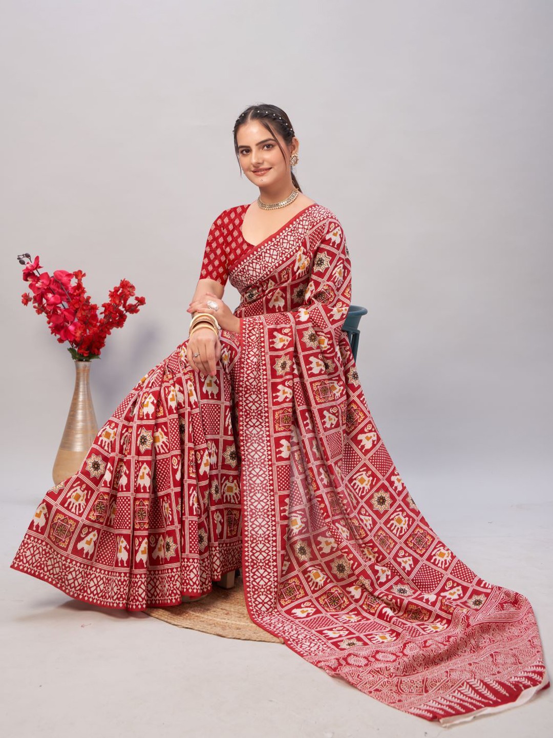 

Anouk Pure Cotton Block Print Saree, Red