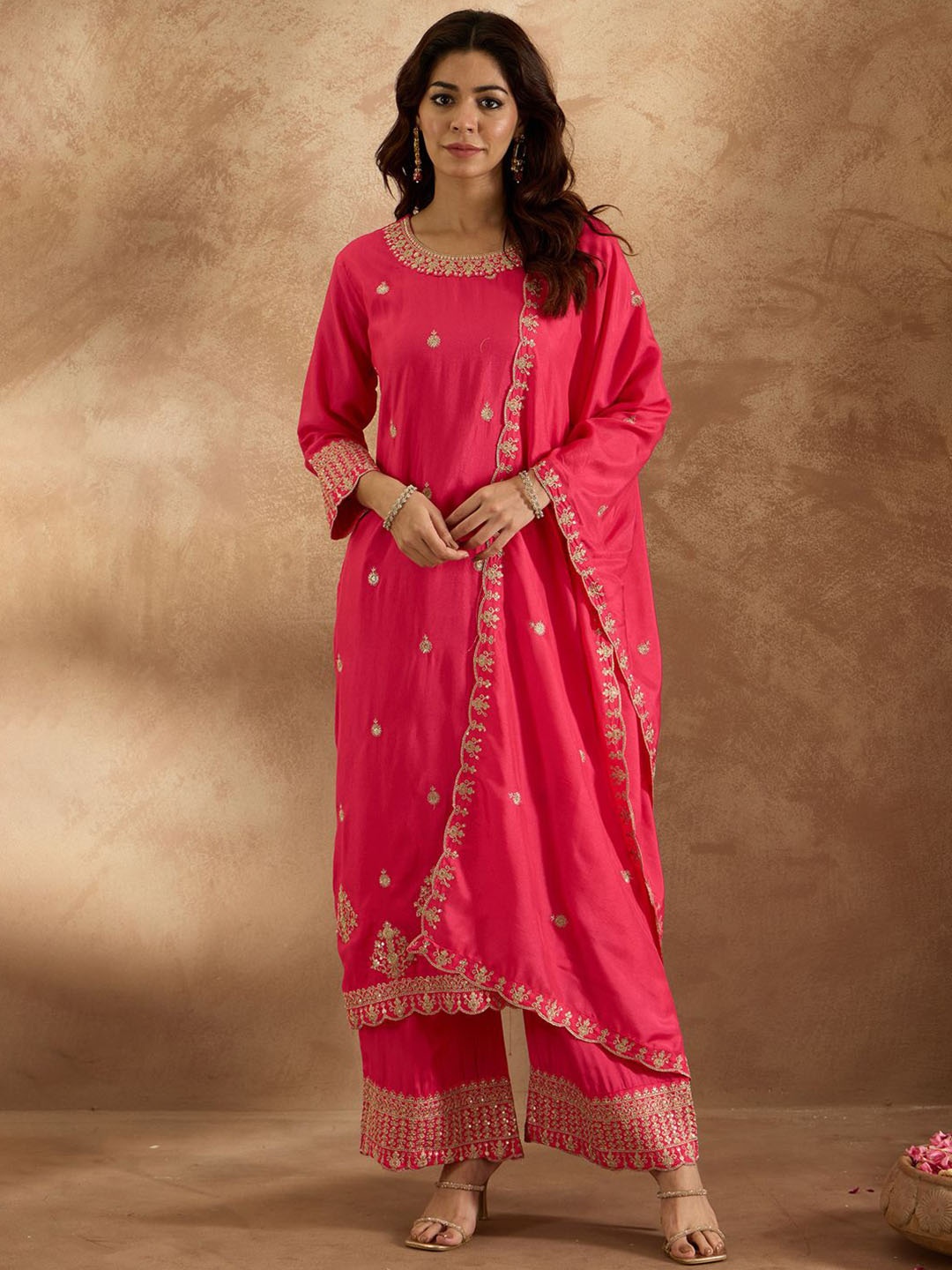 

Indo Era Women Ethnic Motifs Embroidered Regular Kurta with Trousers & With Dupatta, Magenta