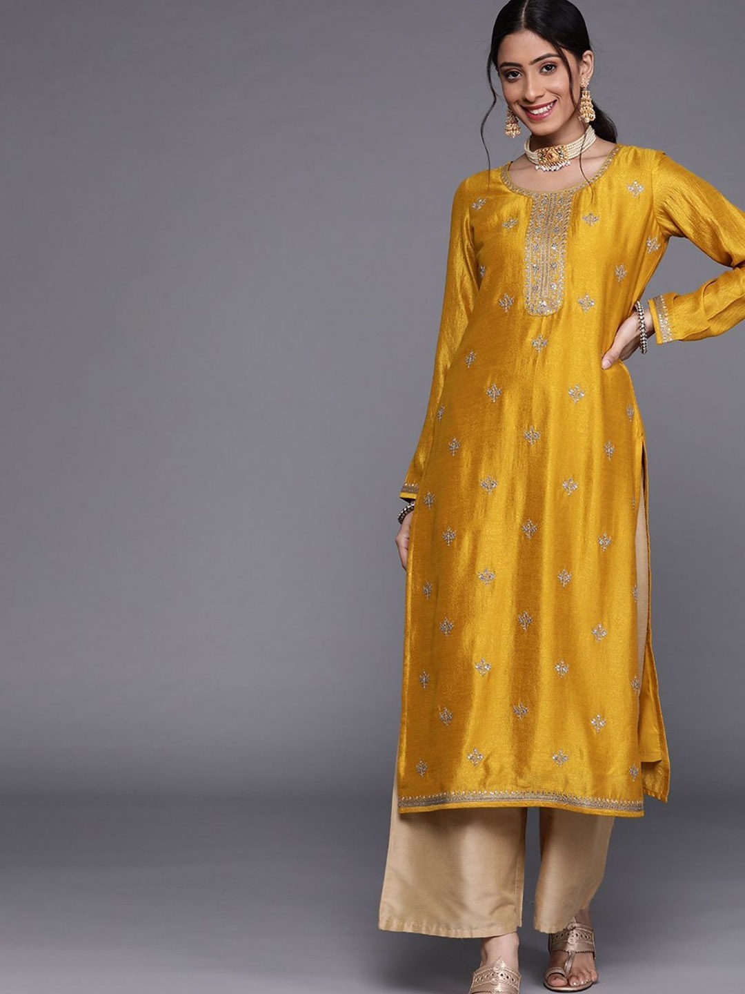 

RARE THREAD Women Floral Embroidered Regular Sequinned Kurta with Trousers, Yellow