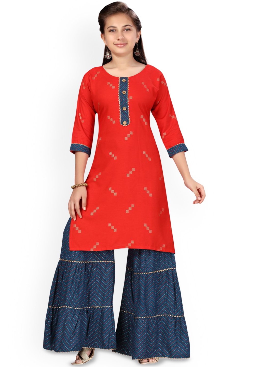 

BAESD Girls Ethnic Motifs Printed Pure Cotton Kurti With Sharara, Red