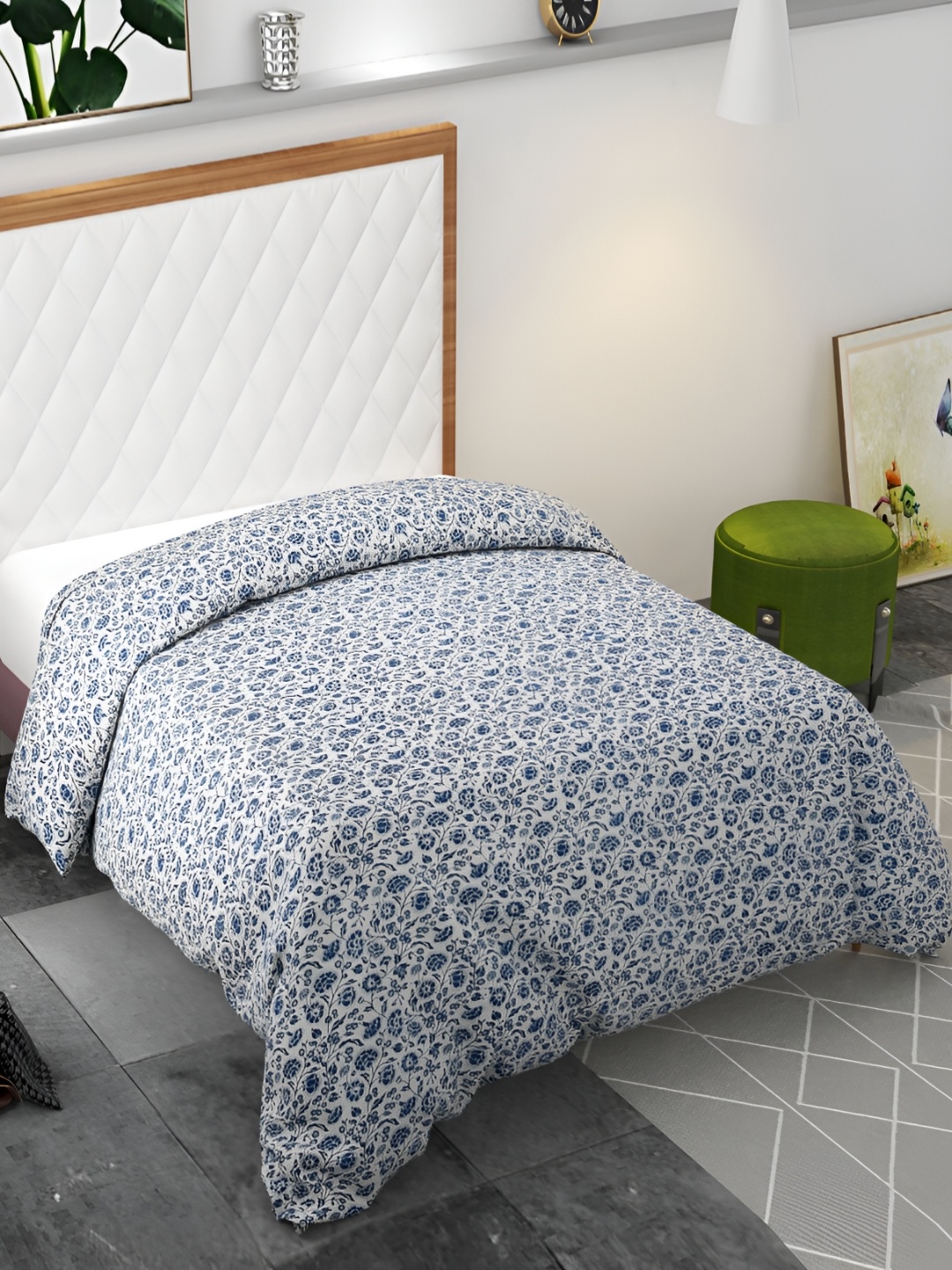 

BELVOSTUM White & Blue Printed Pure Cotton Duvet Cover