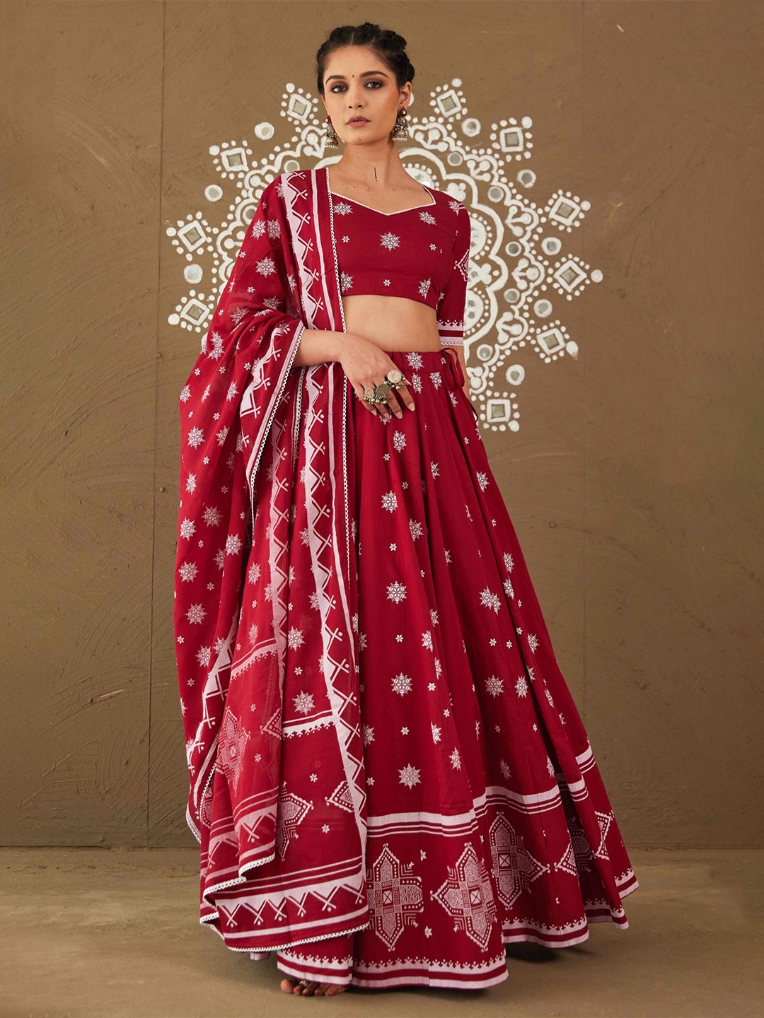 

PINK CACTII Printed Ready to Wear Lehenga & Blouse With Dupatta, Red