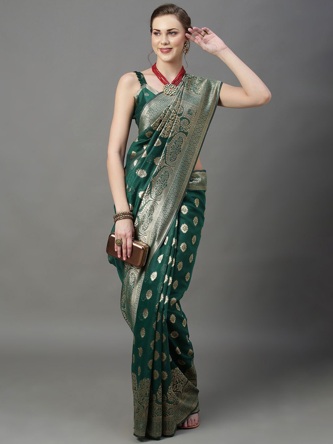 

KALINI Floral Woven Design Banarasi Saree With Zari Border, Green