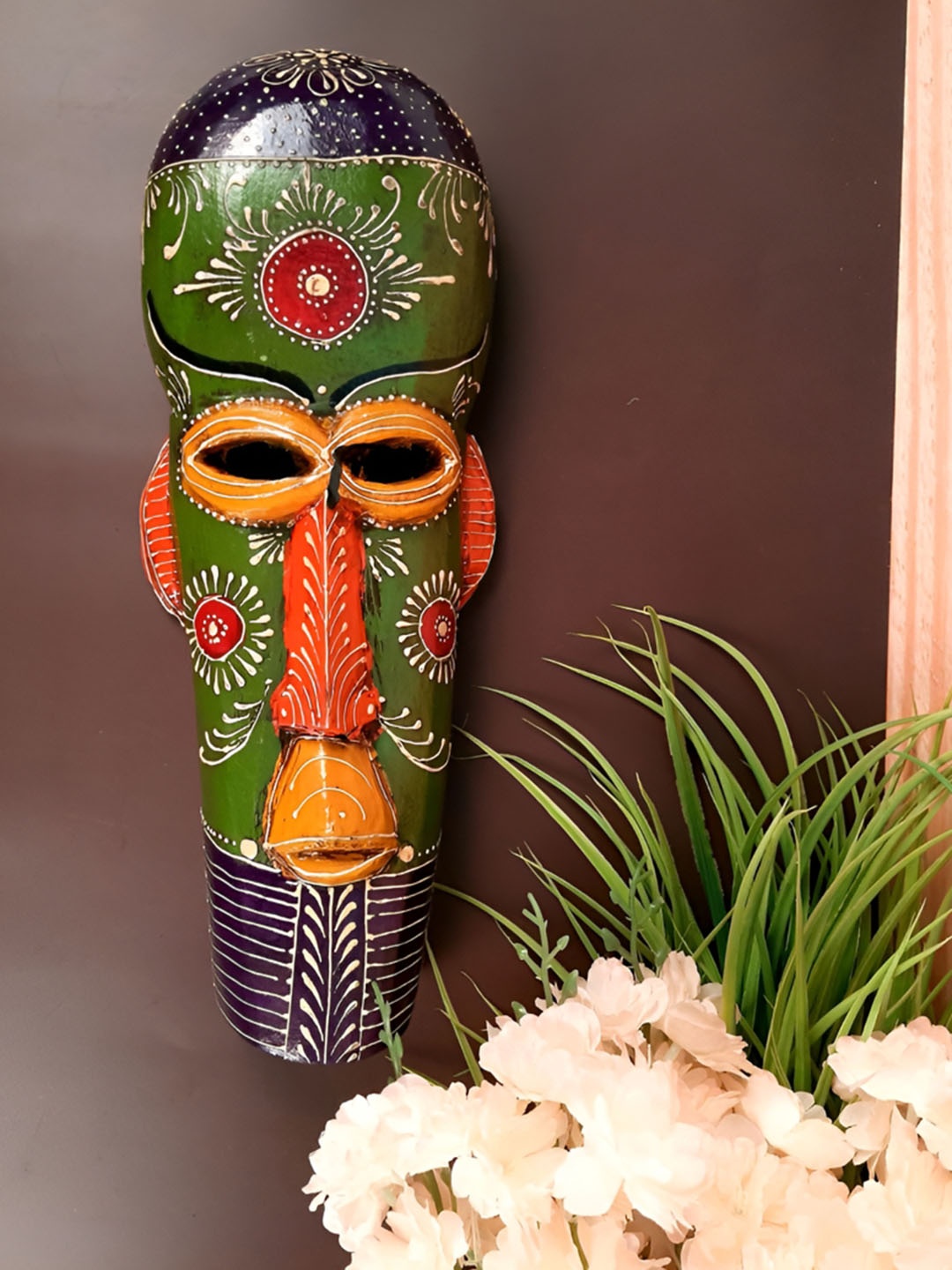 

apka mart Green & White Wooden Nazar Battu African Masks Wall Decor