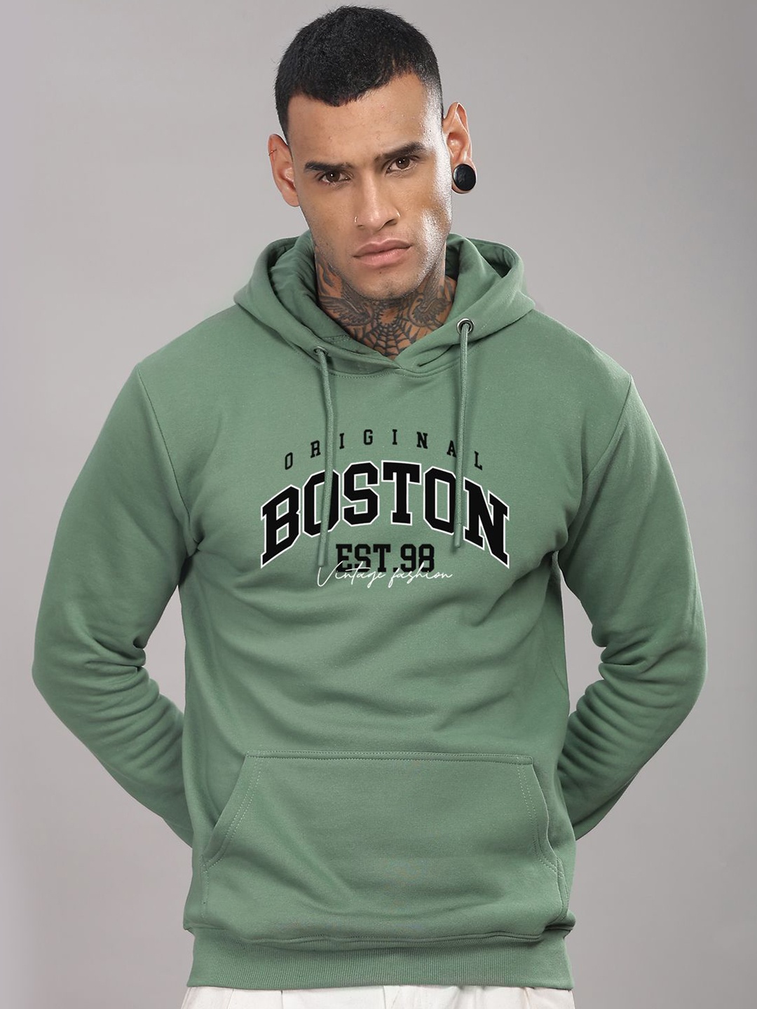 

ADRO Men Typography Printed Hood Cotton Pullover Ribbed Sweatshirt, Sea green