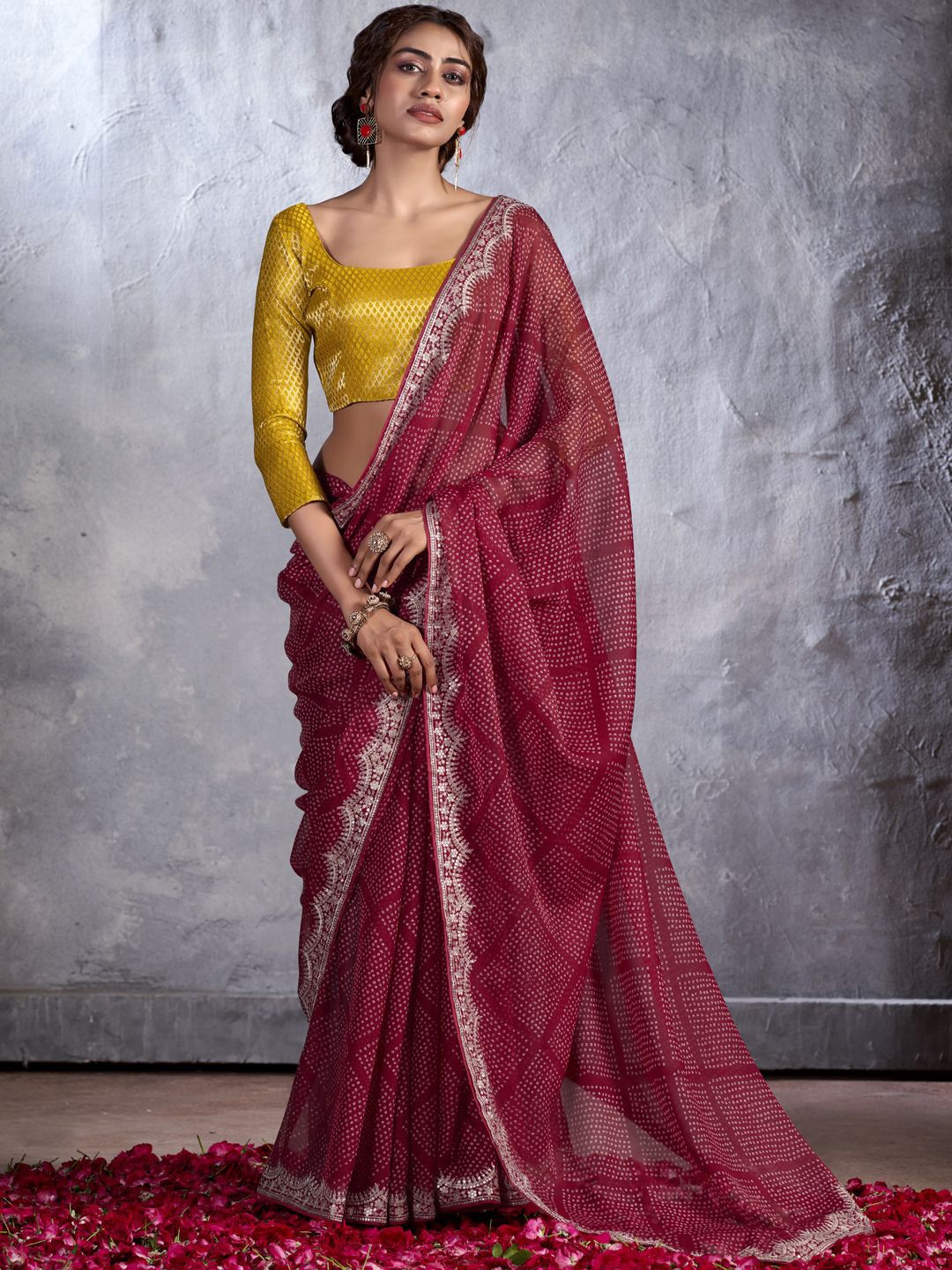 

CHUDIYA Bandhani Mirror Work Pure Chiffon Bandhani Saree, Maroon