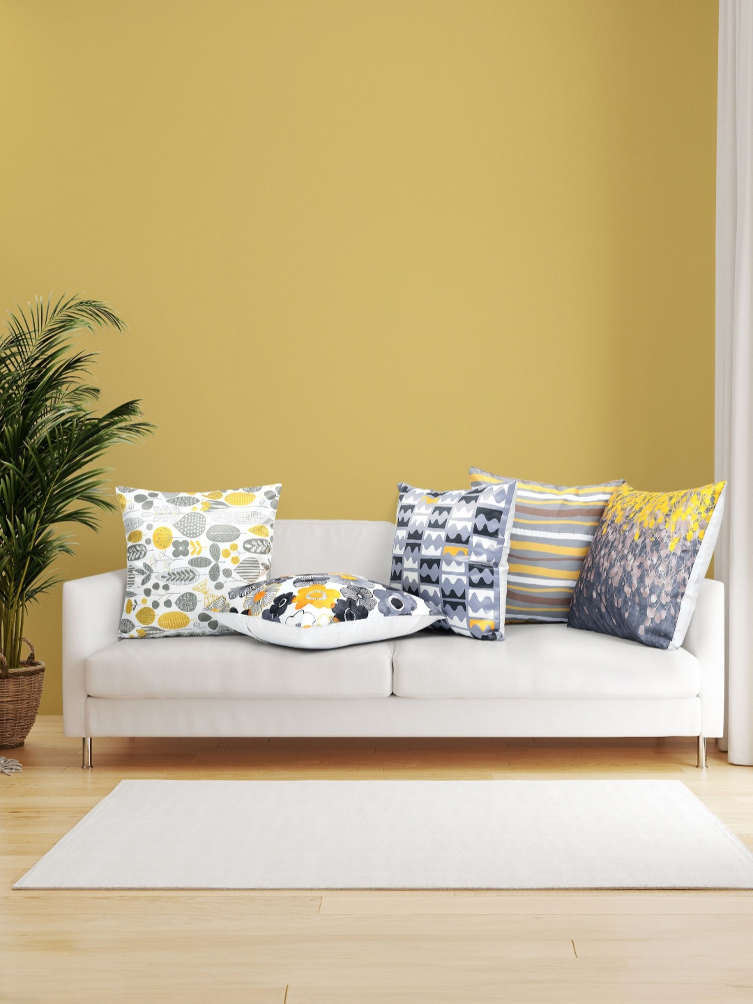 

Vendola White & Grey 5 Pieces Floral Printed Satin Square Cushion Covers