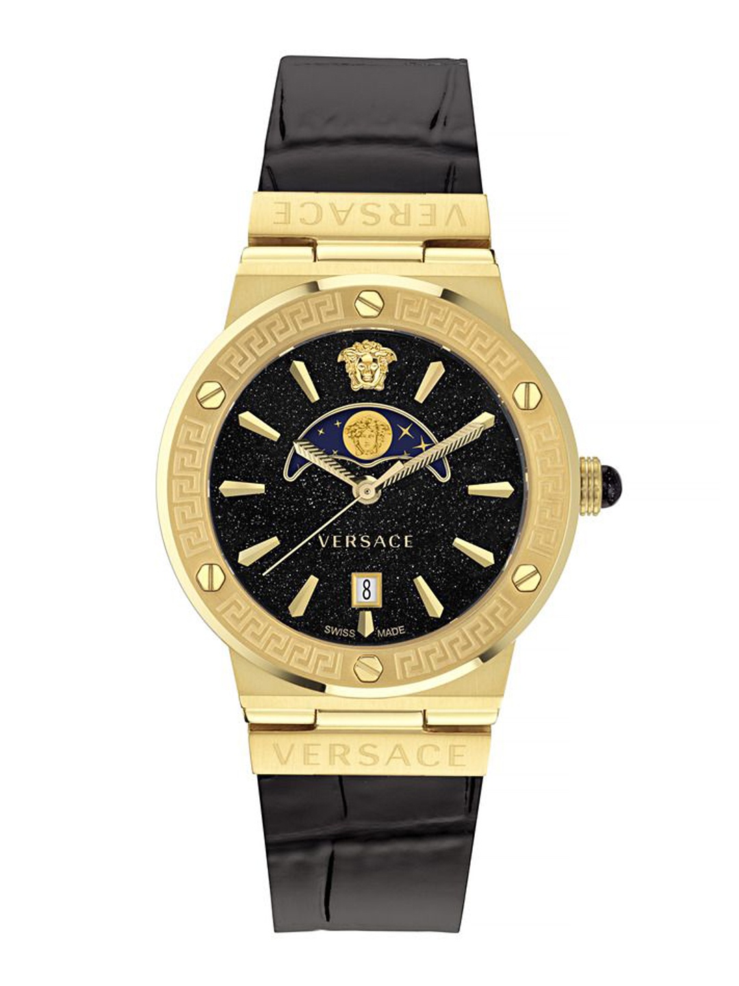 

Versace Unisex Brass Dial & Leather Bracelet Style Straps Analogue Watch VE7G00123, Black