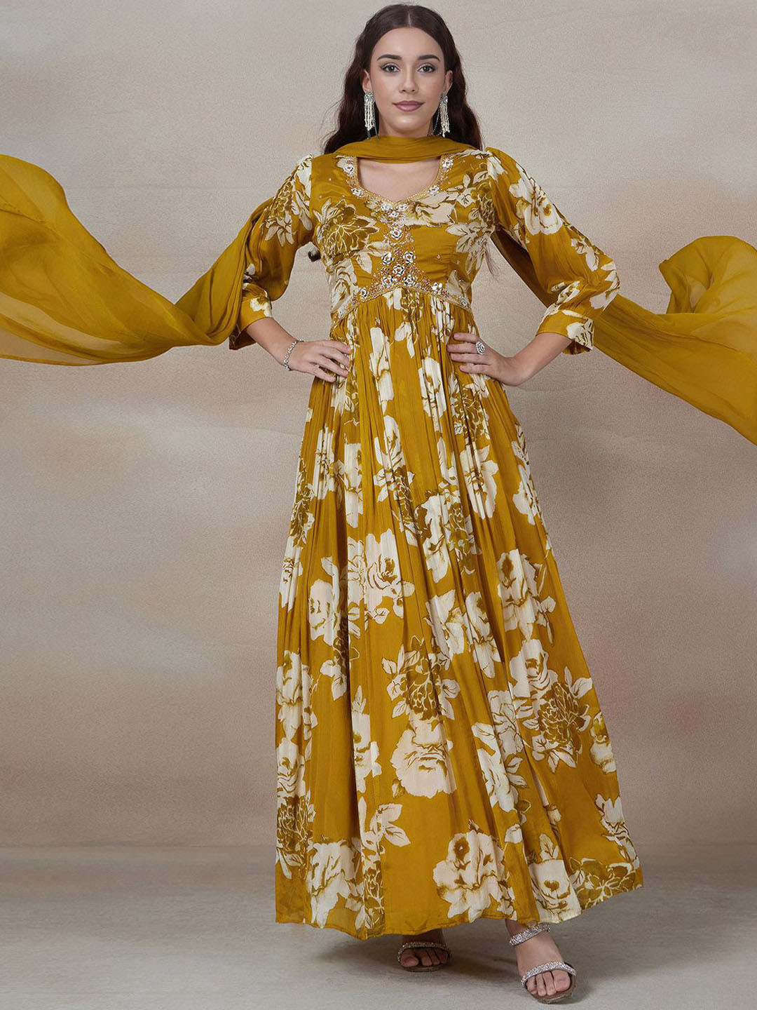 

Rang by Indya Women Printed Flared Sleeves Thread Work Anarkali Kurta, Yellow