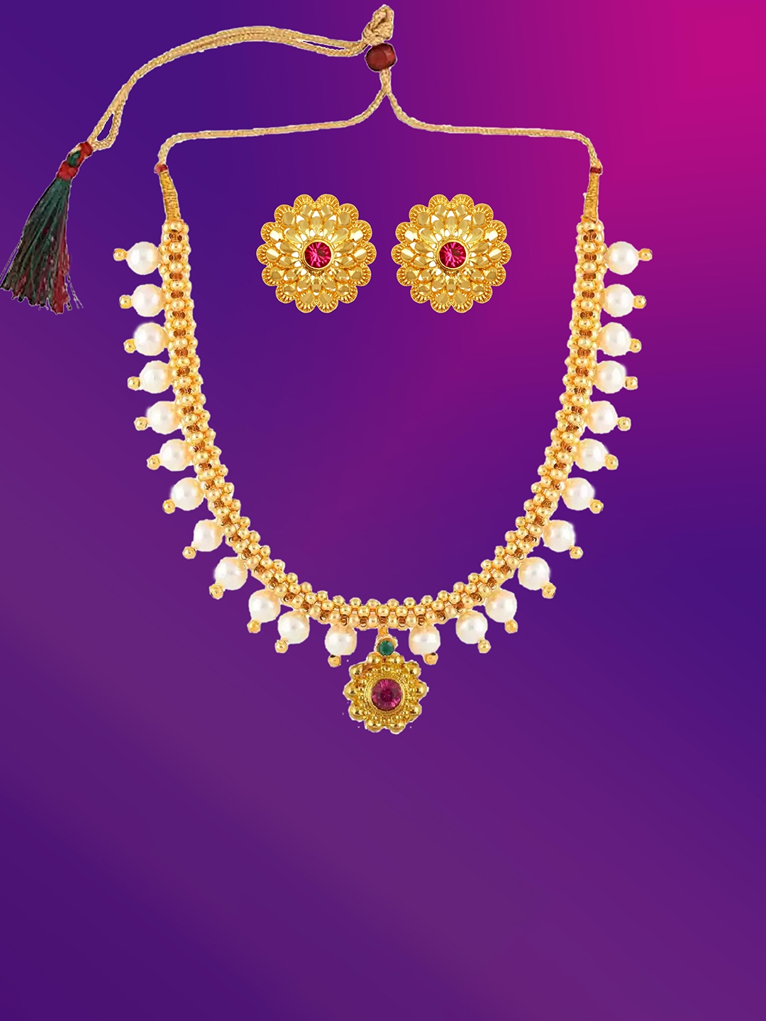 

Lila Gold-Plated Stone-Studded & Beaded Jewellery Set