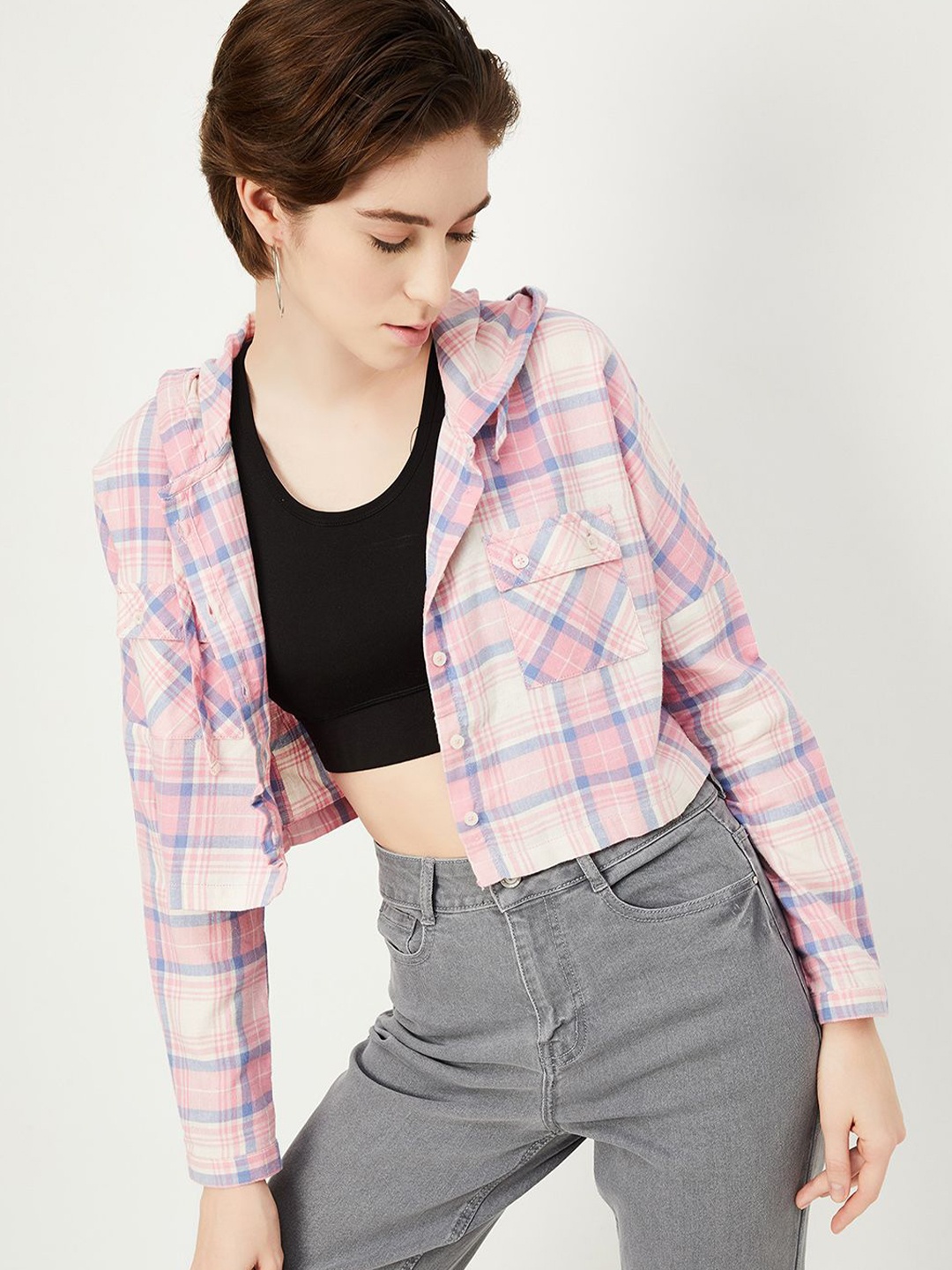 

max Women Hood Checked Cotton Casual Shirt, Pink
