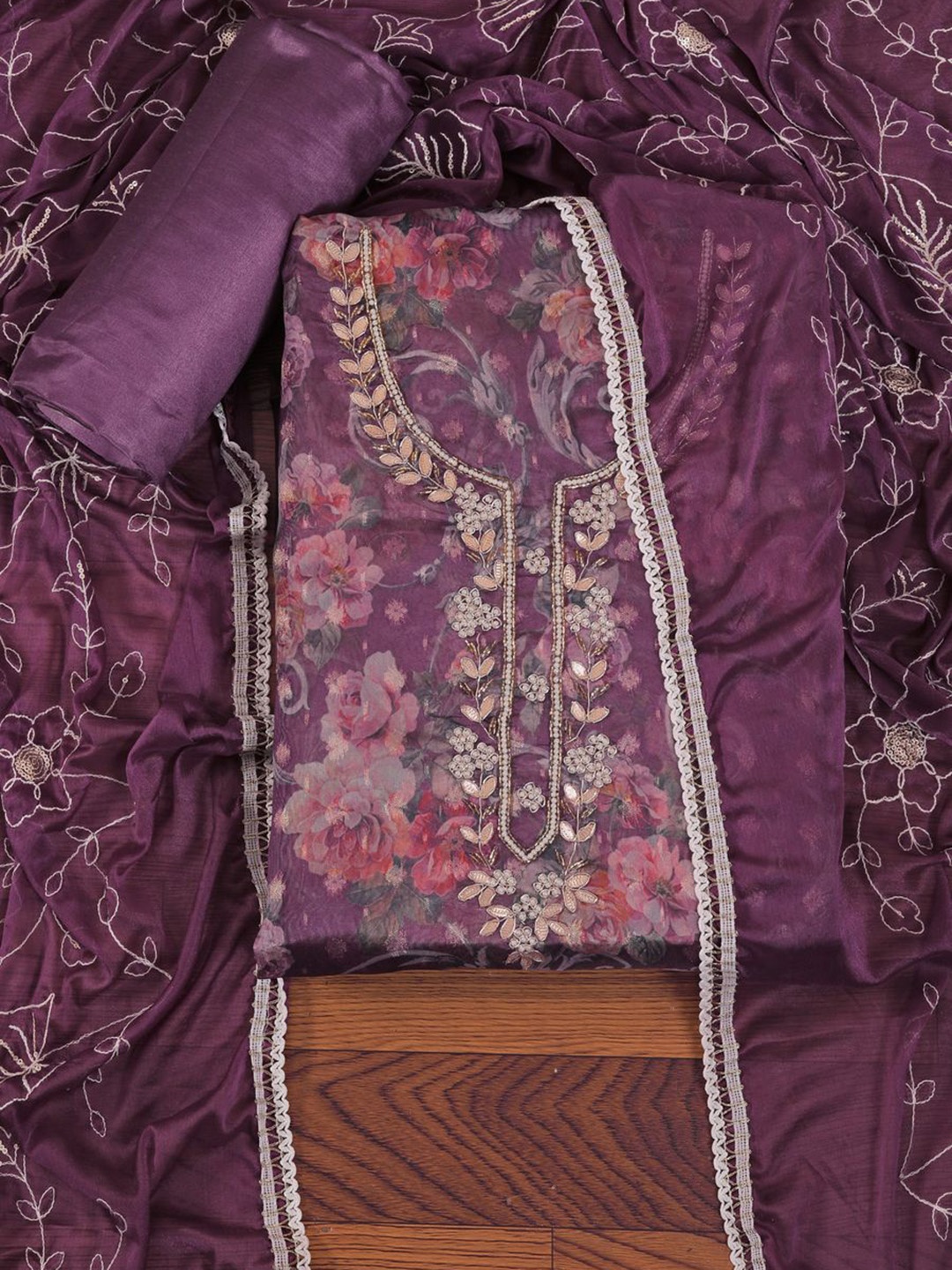 

Jaipur Kurti Embellished Zari Woven Dress Material with Dupatta, Purple