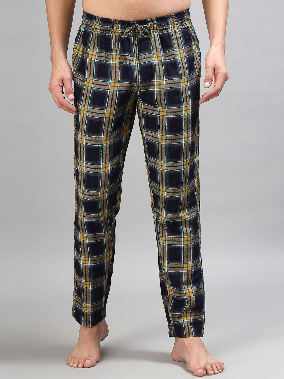 

ETC Men Checked Pure Cotton Mid-Rise Lounge Pants, Navy blue