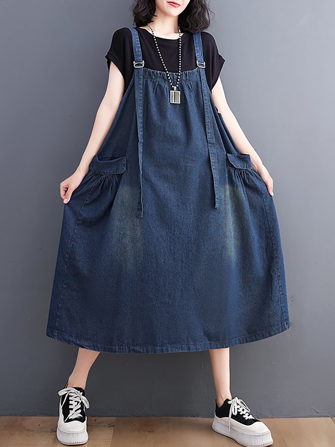 

StyleCast x Revolte Women Shoulder Straps Cotton Pinafore Dress, Blue