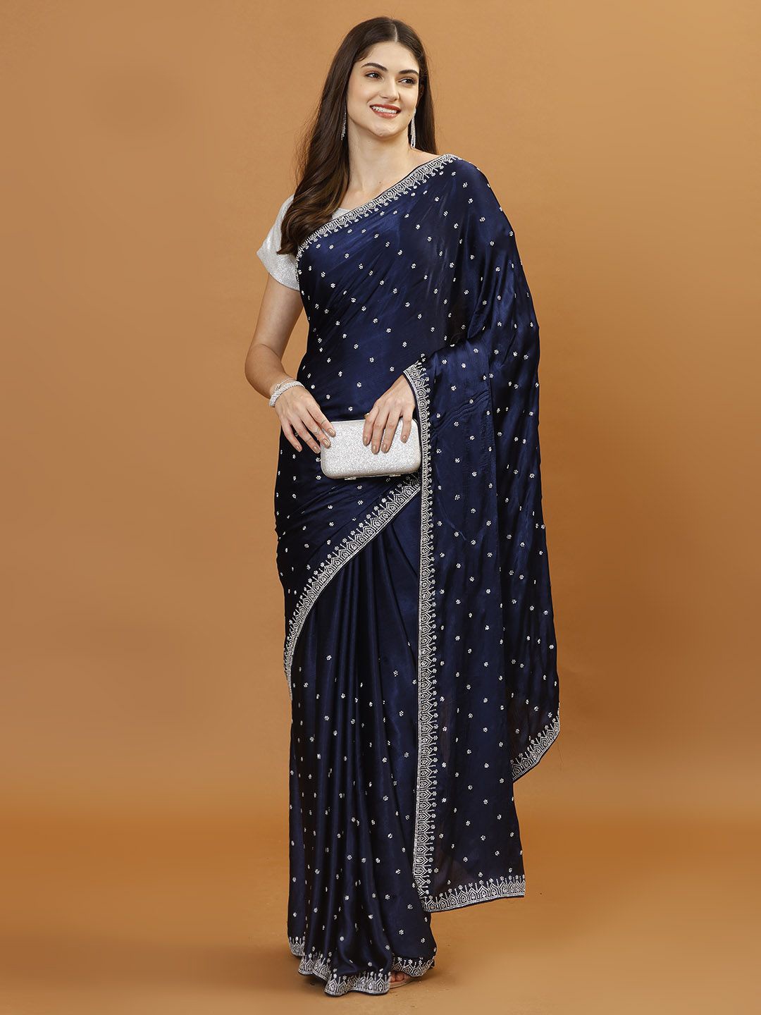

Meena Bazaar Beads and Stones Embellished Saree, Navy blue