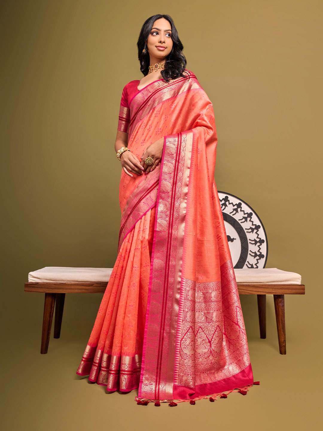 

Kandora Woven Design Zari Pure Silk Tussar Saree, Orange