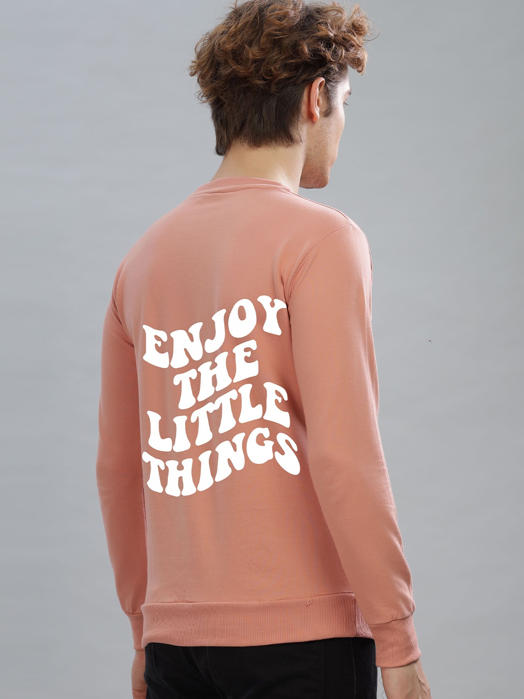 

FALTU.CO Men Typography Printed Round Neck Cotton Pullover Sweatshirt, Peach