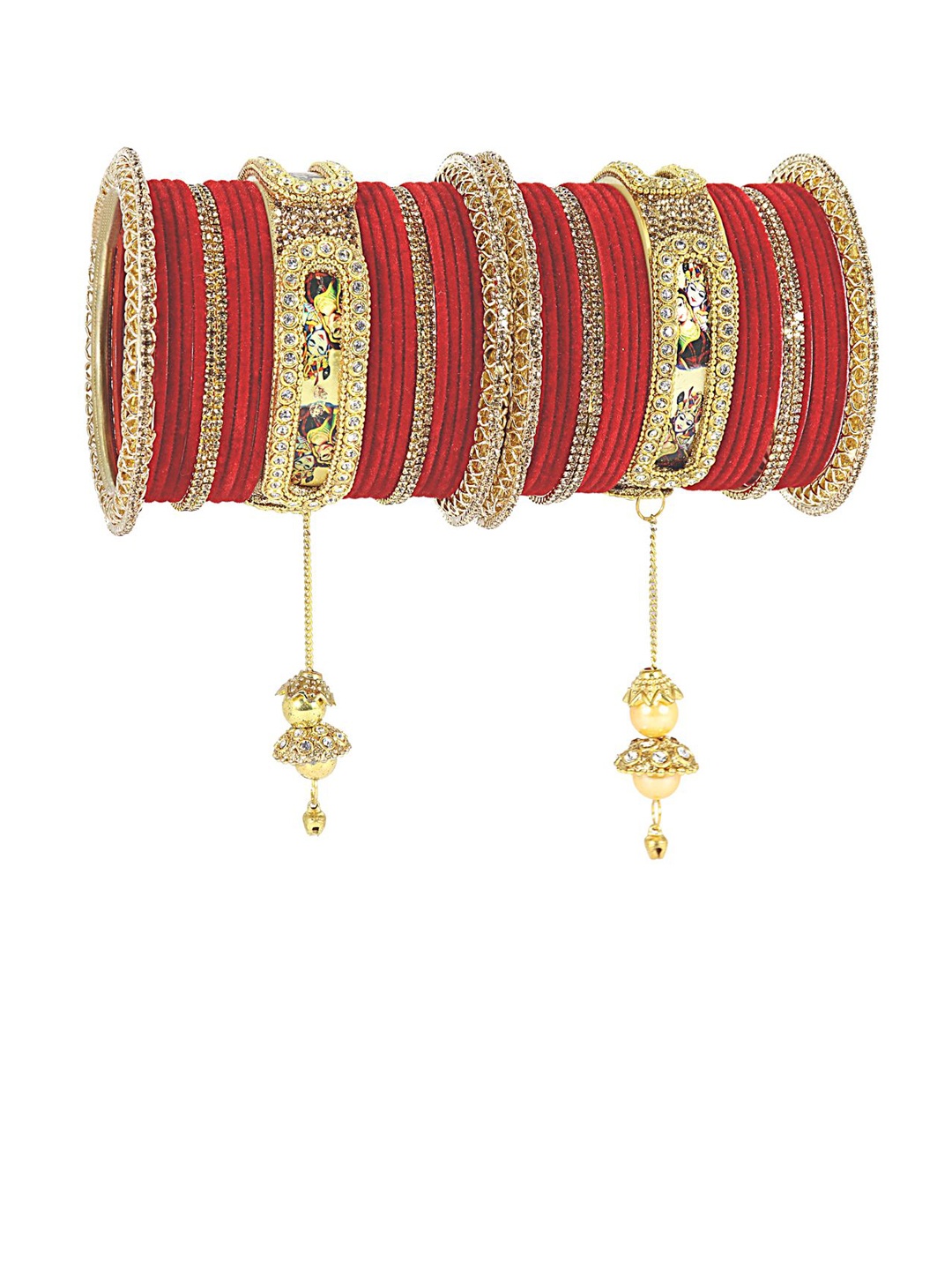 

ZULKA Set of 46 Gold-Plated Raadha Krishna Printed CZ Stone & Pearls Latkan Bangles