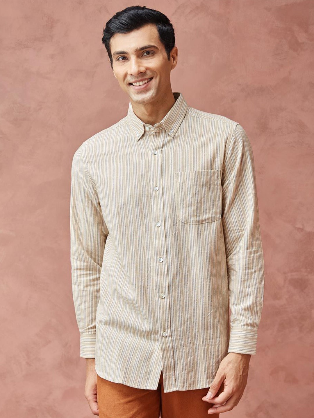 

Fabindia Men Button-Down Collar Solid Cotton Relaxed Fit Casual Shirt, Beige