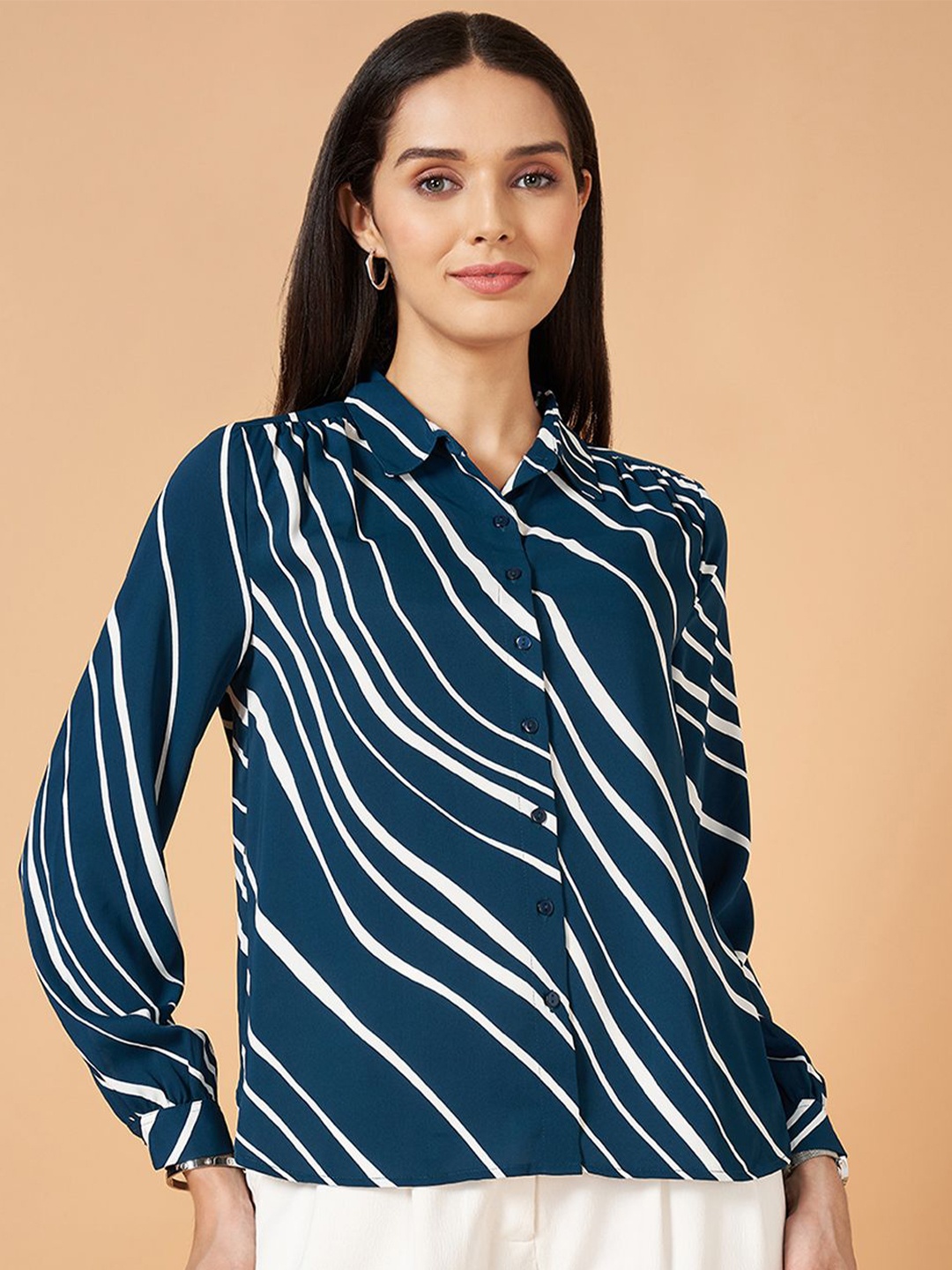 

Annabelle by Pantaloons Women Vertical Striped Shirt Collar Top, Navy blue