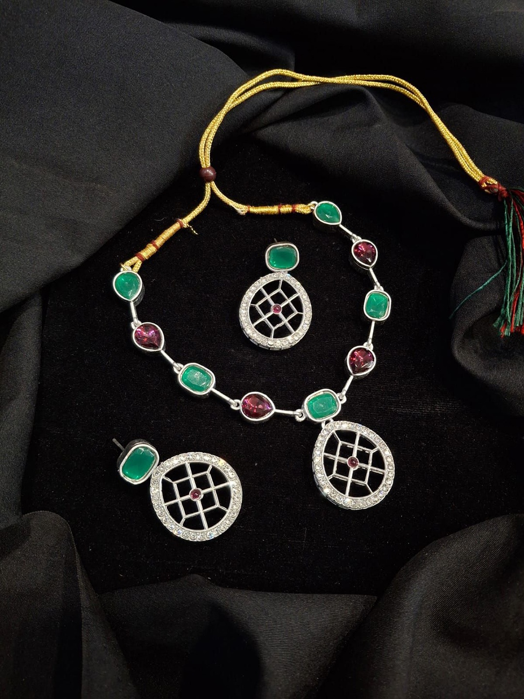 

ASMITTA JEWELLERY Sliver-Plated Stone-Studded Jewellery Set, Silver