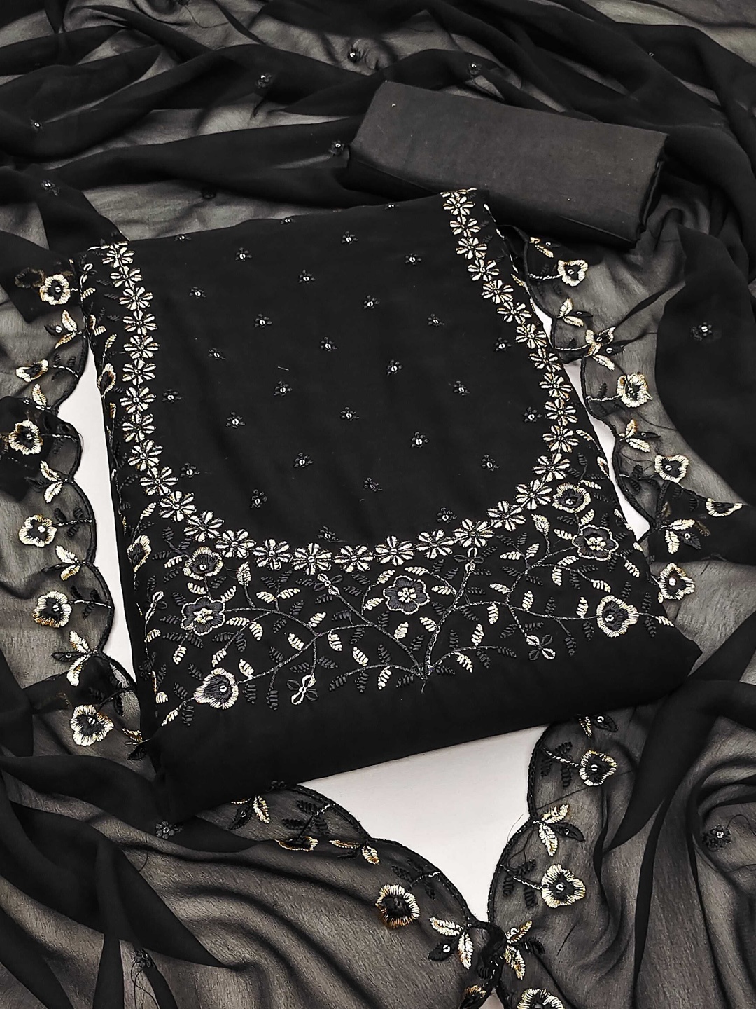 

KALINI Embroidered Unstitched Dress Material, Black